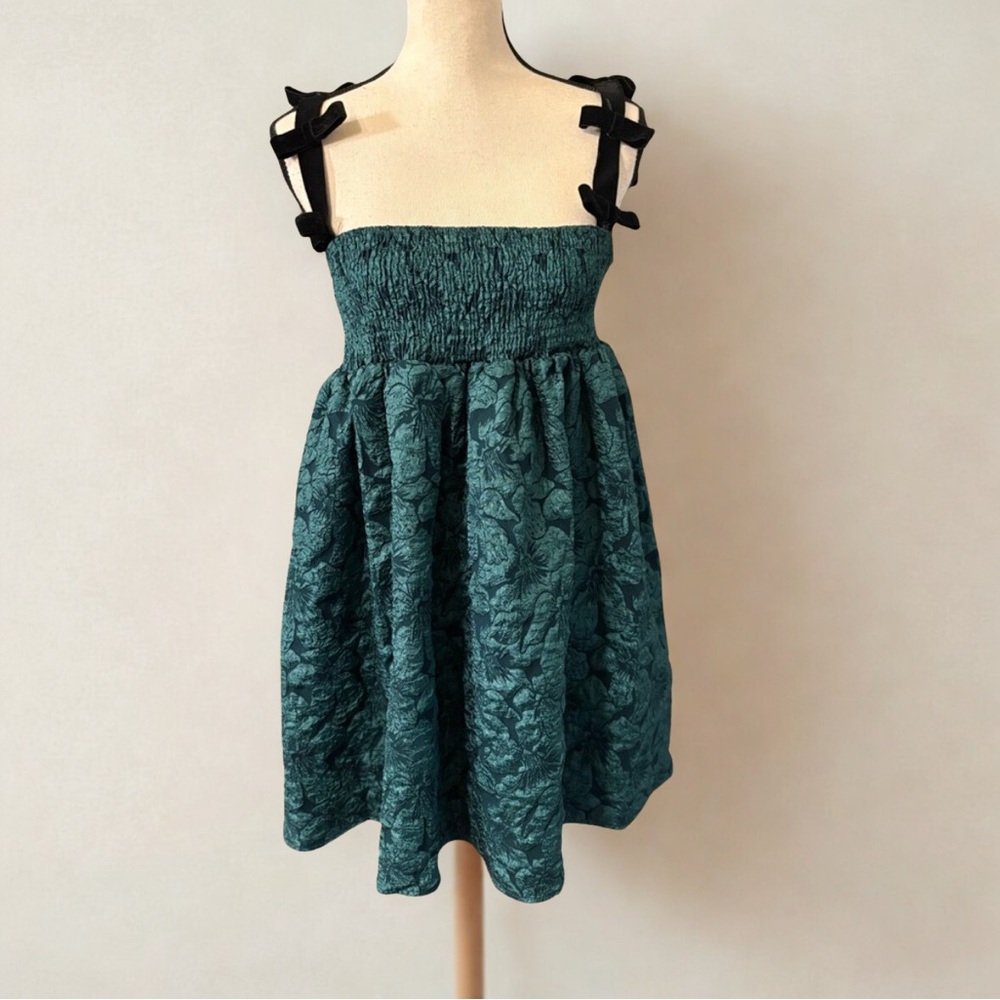 Emerald Green Mini Dress with Black Bow Velvet Straps